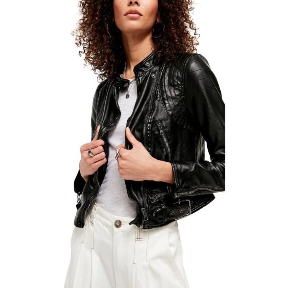 Free People Heartbreaker Faux-Leather Moto Jacket M Black